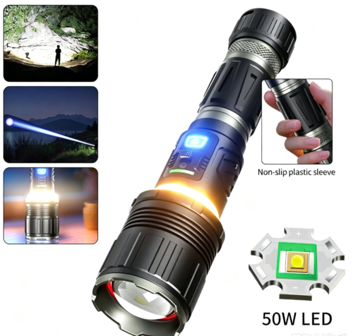 跨境新品50W LED超亮远射手电筒带野营26800电池户外强光手电筒